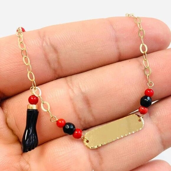 New Baby ID Bracelet Azabache Diamont Cut Solid Gold 14K 6.25" Cable Link - Picture 1 of 7